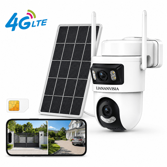 4G LTE Solar Security Camera, Dual-Lens Dual-View 2K PTZ Outdoor Camera with Built-in SIM Card, No WiFi Needed, AI Human Detection, Color Night Vision, Two-Way Audio