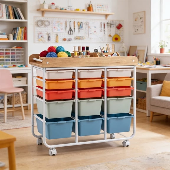 LIANGKA 10 Drawer Rolling Storage Cart Mobile Organizer Cart with Wooden Top Lockable Casters for Office Classroom Studio