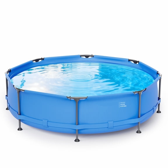 LIANGKA 10FT x 30IN Round Above Ground Outdoor Pool with Sturdy Blue Iron Frame for Backyard Patio Summer Water Fun
