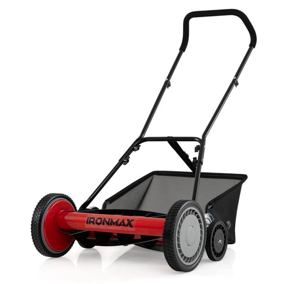 LIANGKA 18 Inch 5 Blade Push Reel Mower 4 Level Height Adjustment with Grass Catcher Red Manual Walk Behind Lawn Tool