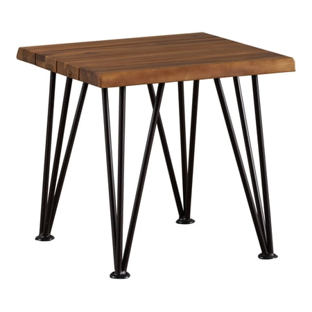 LIANGKA 18 Inch Square Industrial Side Table Acacia Wood & Iron Rustic Teak Outdoor Patio Accent Table