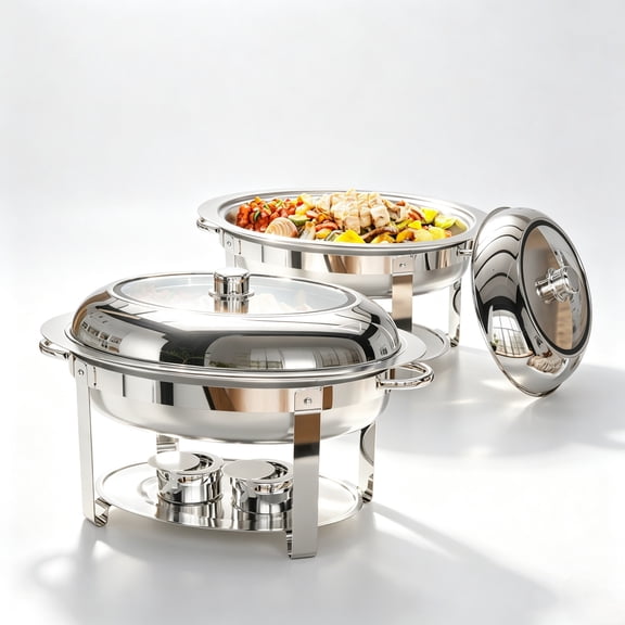 LIANGKA 2 Pack 6L Oval Chafing Dishes Stainless Steel Buffet Food Warmer with Clear Glass Lid Detachable Design for Banquet Party Catering
