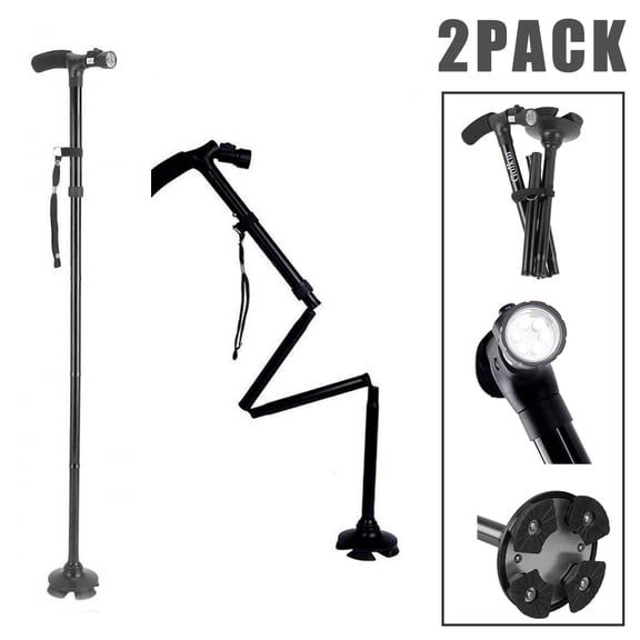 LIANGKA 2 Pack Foldable Walking Cane 5-Level Adjustable Height Aluminum Walking Stick with Rotatable LED Light Anti-Slip Base for Elderly Hiking Travel