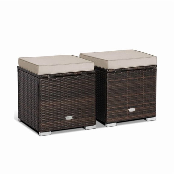 LIANGKA 2 Pack Outdoor Rattan Ottoman 4-in-1 Multifunctional Foot Stool with Hidden Storage Space for Patio Backyard