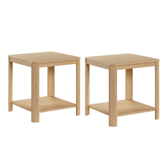 LIANGKA 2-Piece Oak End Table Set, 2-Tier Square Boho Side Table with Rounded Corner & Vertical Wave Grain Legs for Living Room
