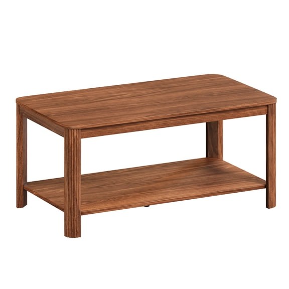 LIANGKA 2-Tier Walnut Coffee Table, Arc Corner Rectangle Accent Table with Vertical Wave Grain Legs & Storage Shelf, 39.4” for Living Room Bedroom