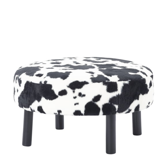 LIANGKA 27.56 Inch Round Faux Rabbit Fur Ottoman Multifunctional Footrest Stool with Rubberwood Legs for Living Room Bedroom Office
