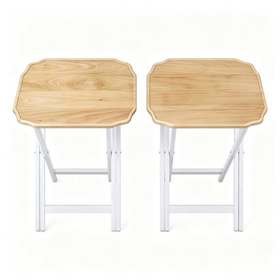 LIANGKA 2Pcs Round Medallion Tray Table Set Natural Wood and White Two Tone Accent Side Table with Hardwood Top and Pine Base