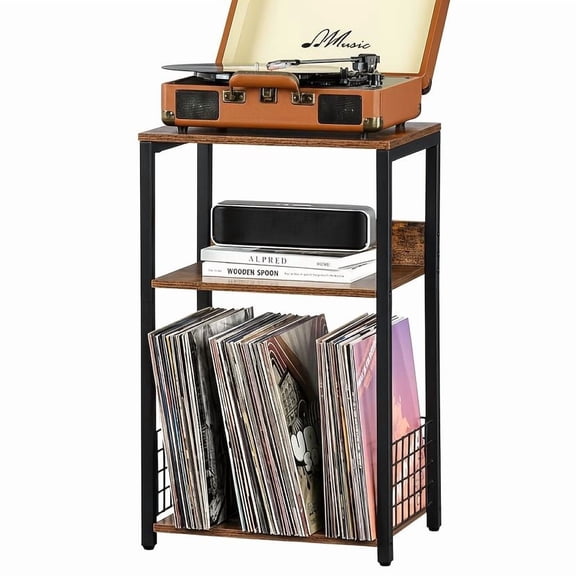 LIANGKA 3-Tier Storage End Side Table with Vinyl Album & CD DVD Storage Rack Multi-Purpose Sofa Side Nightstand for Living Room
