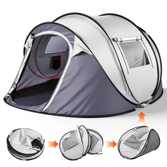 LIANGKA 4 Person Instant Pop Up Camping Tent Waterproof Automatic Flip Tent with Front Awning Light Gray Family Outdoor Tent