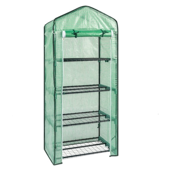 LIANGKA 4-Tier Grid Plant Stand Greenhouse with Zipper Roll Door Pointed Top Design
