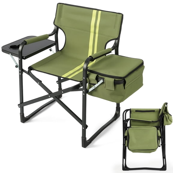 LIANGKA 46.46" x 20.87" x 33.46" Folding Outdoor Chair with Side Table and Insulated Cooler Bag 265 lbs High Capacity Foldable Chair for Camping Fishing Picnic Army Green Striped