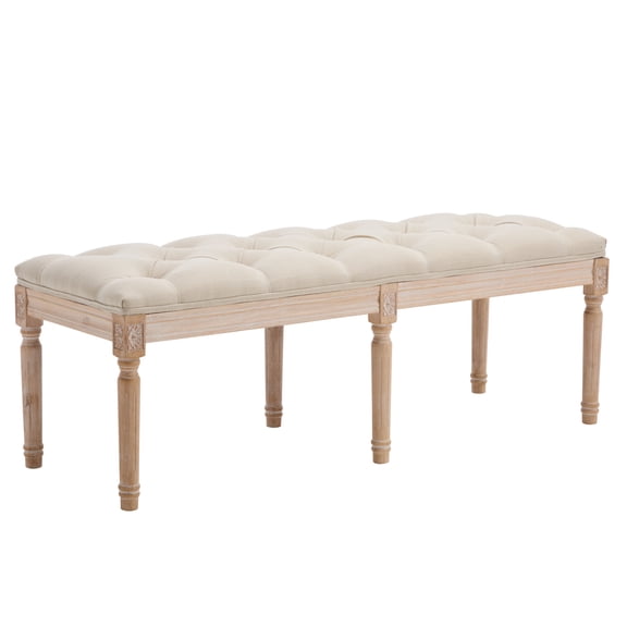 LIANGKA 47.2 Inch Tufted Upholstered Bench French Vintage Carved Ottoman With Distressed Legs For Home Indoor Multipurpose Use