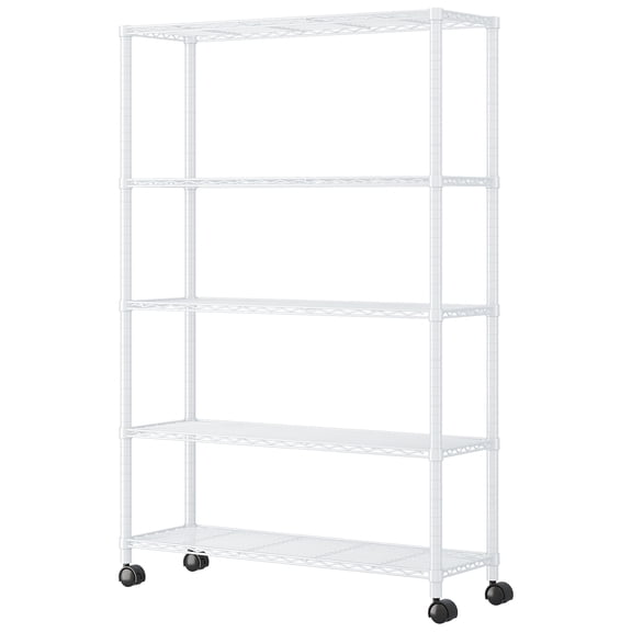 LIANGKA 5 Tier Adjustable Iron Shelving Unit White Mobile Storage Rack with 1.5 Inch Lockable Nylon Wheels for Kitchen Garage Living Room