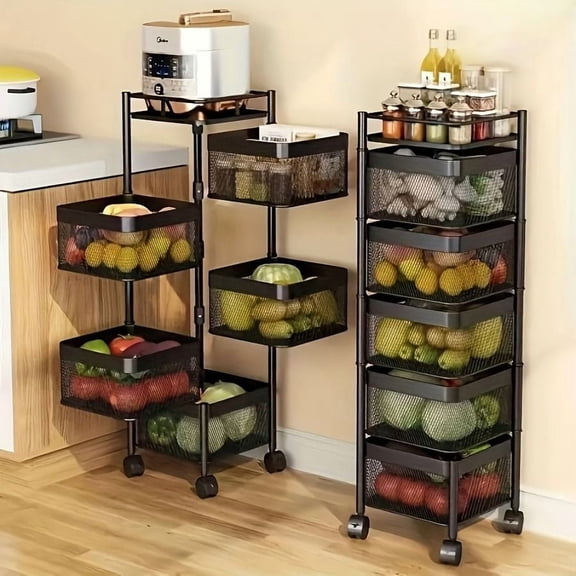 LIANGKA 5 Tier Rotating Metal Kitchen Storage Shelf Square Rolling Fruit Vegetable Storage Basket Rack with Wheels for Home Bathroom Floor Use