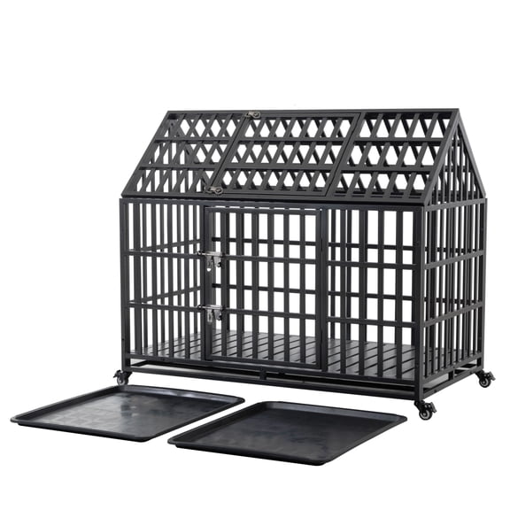 LIANGKA 55 Inch Heavy Duty Large Dog Crate With Double Doors Patent Latches And 4 Lockable Wheels For Indoor Outdoor Use