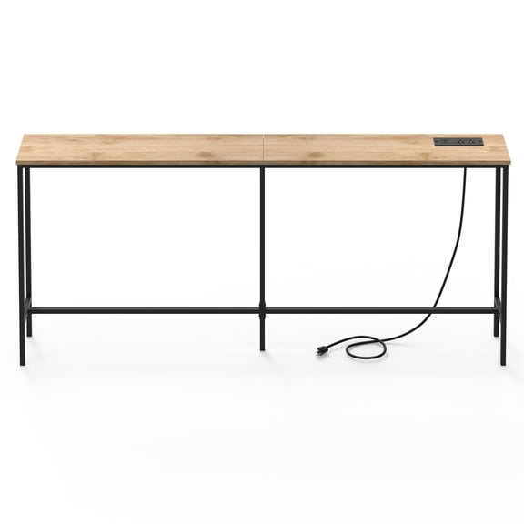 LIANGKA 62.99" Narrow Oak Console Table with Built-in Power Outlet MDF Melamine Veneer & Iron Frame Entryway Sofa Table