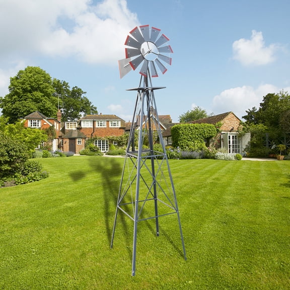 LIANGKA 8FT Weather Resistant Garden Windmill, Gray Red Iron Decorative Wind Direction Indicator for Yard Lawn