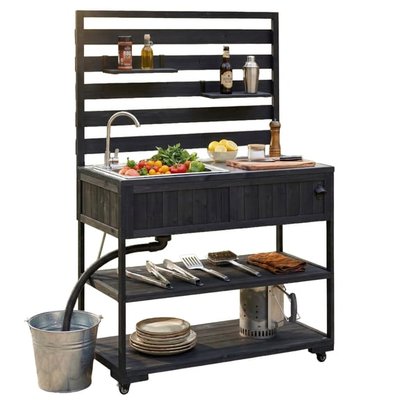 LIANGKA Black 41.7 Inch Rolling Patio Kitchen Island Potting Bench With Sink Movable Shelves And Bottle Opener For Outdoor Use