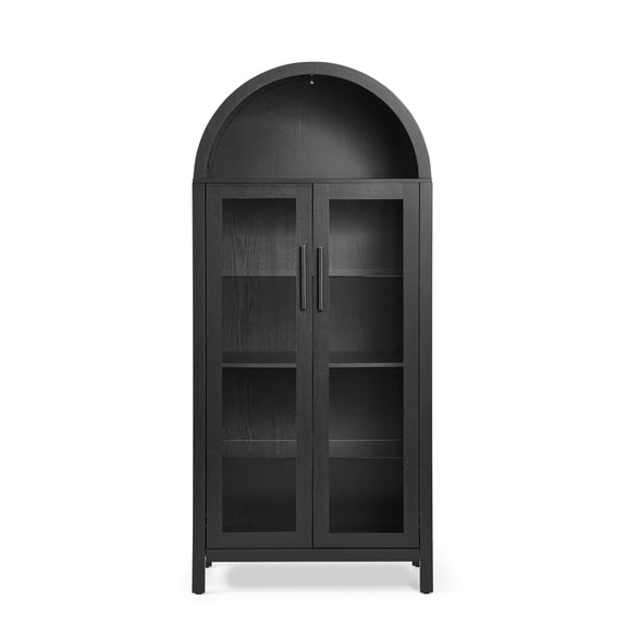 LIANGKA Black Modern Retro Wooden Storage Cabinet with Lamp & Adjustable Glass Shelves Tall Multipurpose Kitchen Organizer