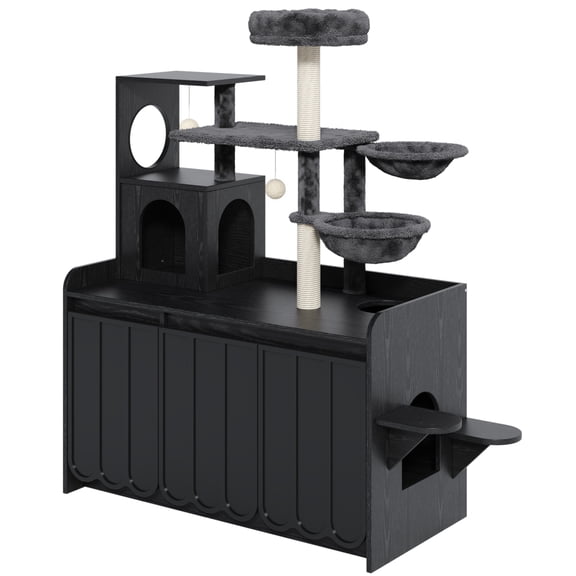 LIANGKA Black Multi Level Cat Tree With Hidden Litter Box Enclosure Scratching Post Hammock And Storage Space