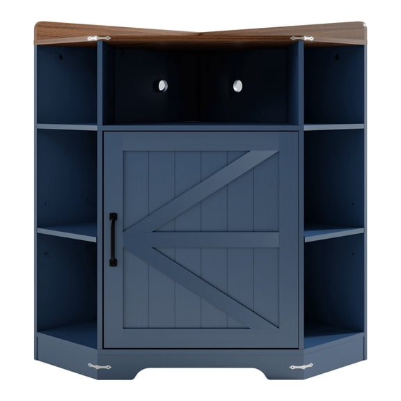 LIANGKA Blue & Brown 6-Cubby Corner Storage Cabinet with USB Type-C Charging Station Industrial Wooden Corner Bookshelf Organizer for Living Room Study Playroom