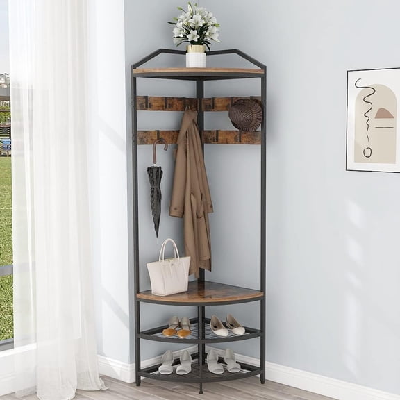 LIANGKA Corner Hall Tree with Shoe Bench Freestanding Entryway Coat Rack with 10 Movable Metal Hooks & Shoe Storage Shelf