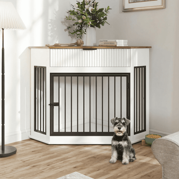 LIANGKA Corner Pet Crate End Table with Storage Drawer Space Saving Indoor Furniture for Small and Medium Dogs White