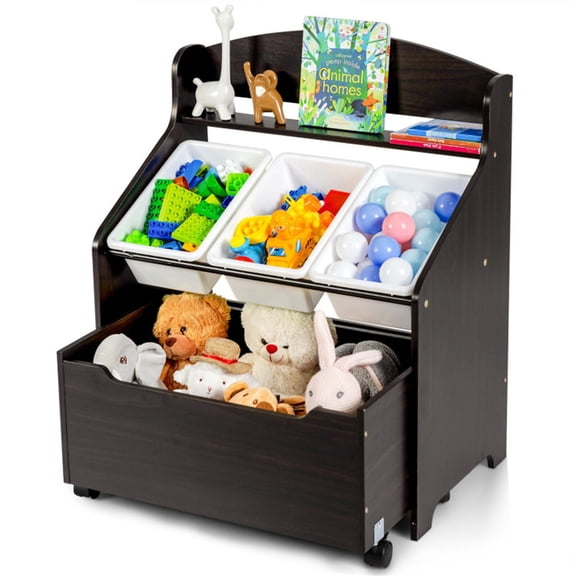 LIANGKA Dark Brown Kids Storage Cabinet Large Capacity Toy Organizer with Rolling Toy Box & Display Shelf, Safe Rounded Corner Children Storage Unit for Toys Books