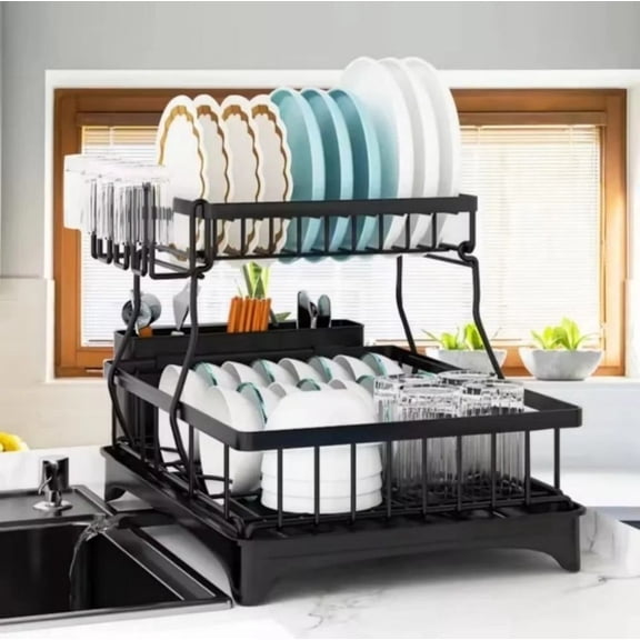 LIANGKA Detachable 2-Tier Dish Drying Rack with Drainboard Rustproof Metal Kitchen Counter Organizer for Plates Bowls Cups