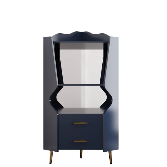 LIANGKA Elevated Easy-Clean Blue Corner Bar Cabinet Freestanding Storage Sideboard Featuring Mirrored Back Panel 2 Shelves and 2 Drawers for Living & Dining Room