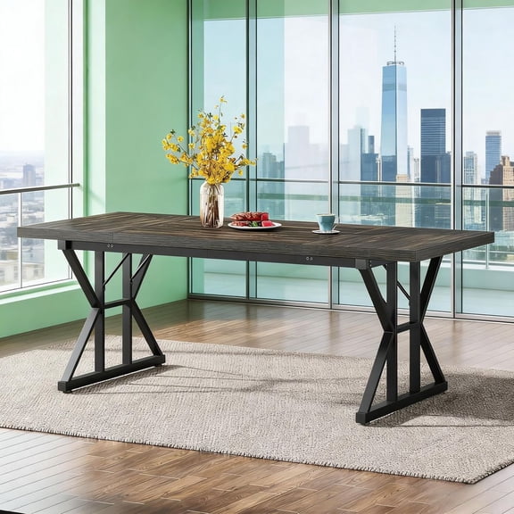 LIANGKA Farmhouse Wood Dining Table 70.8 Inch 6 Person Kitchen Dinner Table with Metal Trestle Base