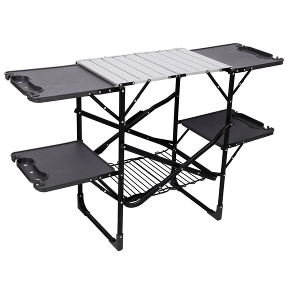 LIANGKA Foldable Aluminum Outdoor Camping Cooking Prep Station 154lbs Capacity with Side Tables Mesh Storage Rack for RV Picnic Tailgate