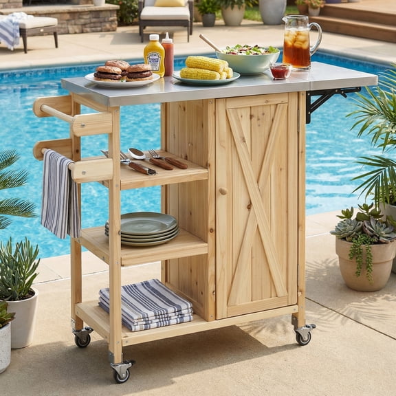 LIANGKA Foldable Outdoor Kitchen Island Patio Kitchen Island Outdoor Kitchen Cart Portable Prep Station with Lockable Wheels Storage Cabinet and Towel Rack for Patio and Outdoor Natural