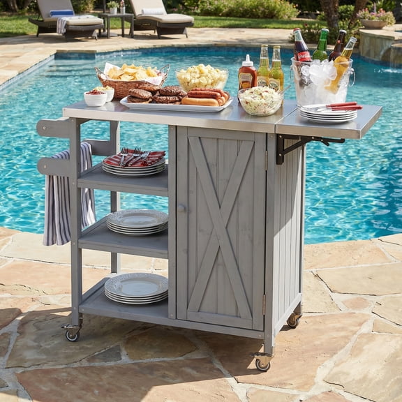 LIANGKA Foldable Outdoor Kitchen Island Patio Kitchen Island Outdoor Kitchen Cart Portable Prep Station with Lockable Wheels Storage Cabinet and Towel Rack for Patio and Outdoor Grey