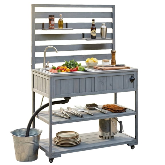 LIANGKA Gray 41.7 Inch Large Mobile Garden Potting Bench With Sink Movable Shelves And Bottle Opener For Patio Kitchen Use