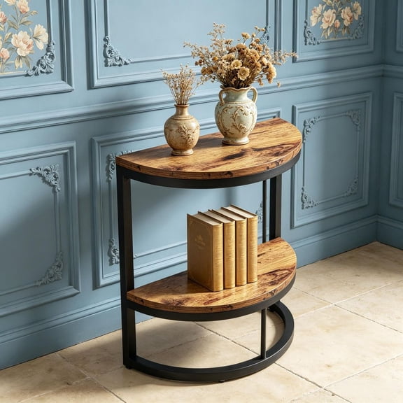LIANGKA Half Round Metal Frame End Table Narrow Rustic Side Table Accent Furniture for Living Room Bedroom
