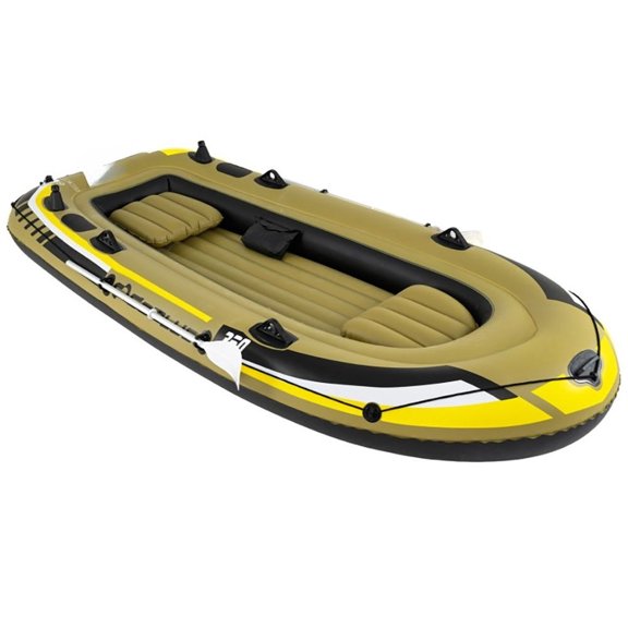 LIANGKA Heavy-Duty 4-Person Inflatable Fishing Raft Boat Set with Stainless Steel Oars & Hand Pump Wear-Resistant PVC Water Boat with Built-In Rod Holders for Lake River Fishing