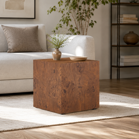 LIANGKA Height Adjustable Burl Walnut Veneer MDF Cube End Table 15.7 Inch Multi-Purpose Living Room Side Table