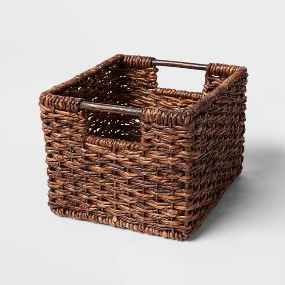 LIANGKA Lacquered Brown Handwoven Abaca Storage Crate with Dual Handles Fits 11 Inch Cube Organizer Shelves