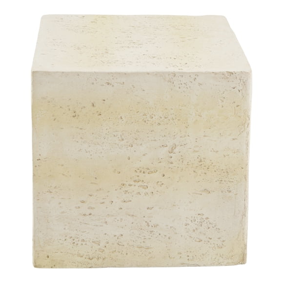 LIANGKA Light Tan Square Side Table, Faux Travertine Textured Accent End Table, Pre-Assembled Cube Stool Table, Indoor & Outdoor Multi-Use