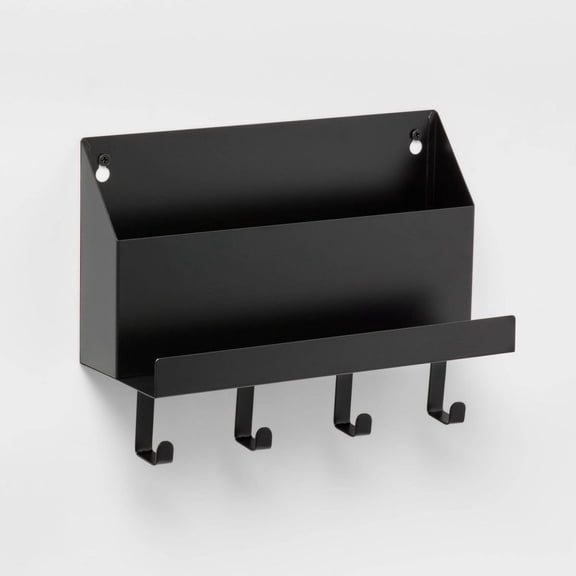 LIANGKA Matte Black Wall Mounted Organizer Metal Coat Rack Key Holder with 4 Hooks & Storage Cubby