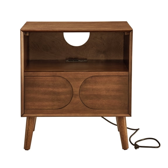 LIANGKA Mid Century Fluted Side Nightstand With Built In Charging Station Open Shelf And Hidden Wire Management