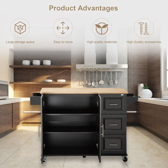 LIANGKA Mobile Kitchen Island Cart with Extendable Rubber Wood Top Storage Drawers Cabinet Spice Towel Rack Lockable Wheels
