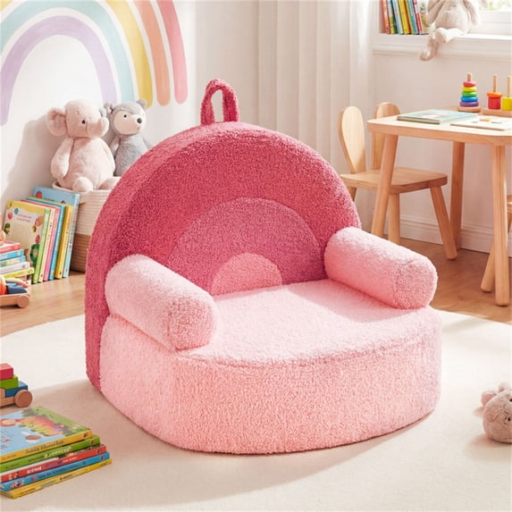 LIANGKA Pink Kids Sofa Soft Teddy Fleece Foam Couch with Carry Handle Removable Machine Washable Cover