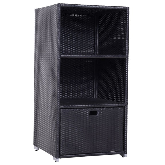 LIANGKA Poolside PE Rattan Towel Storage Cabinet 47.25 Inch Tall Storage Organizer with 2-Tier Shelves & Bottom Drawer Dark Brown for Backyard Spa Patio