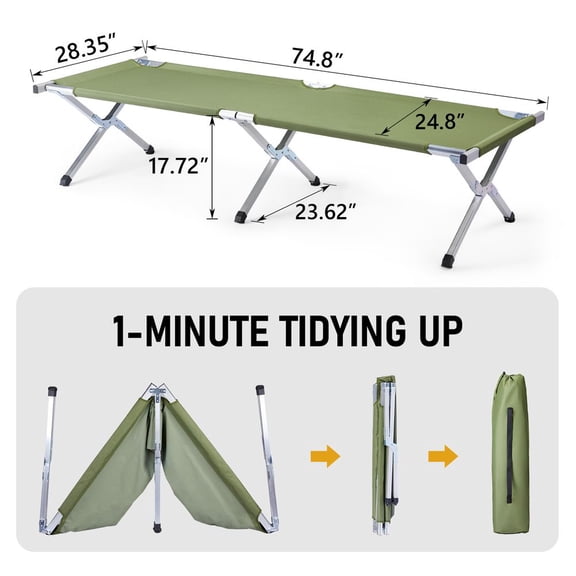 LIANGKA Portable Folding Camping Cot Army Green Heavy Duty Oxford Sleeping Cot with Storage Carry Bag