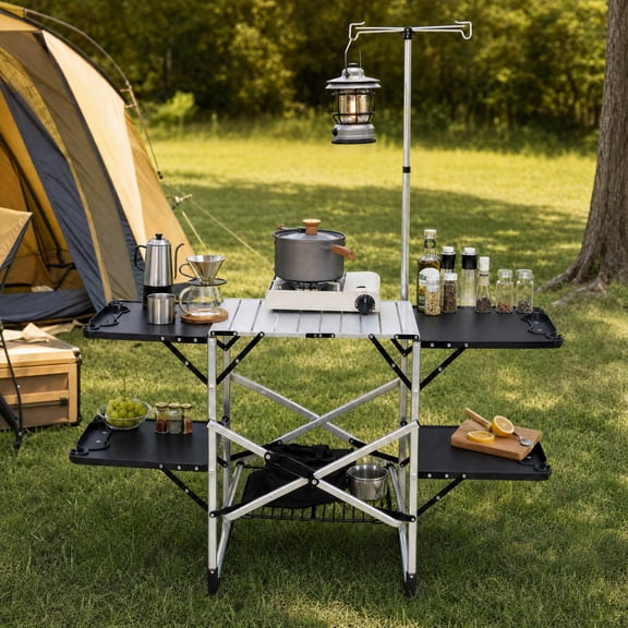 LIANGKA Silver Multifunctional Camping Prep Station Folding Kitchen Table with Integrated Storage Side Panels and Lamp Mount for Outdoor Activities