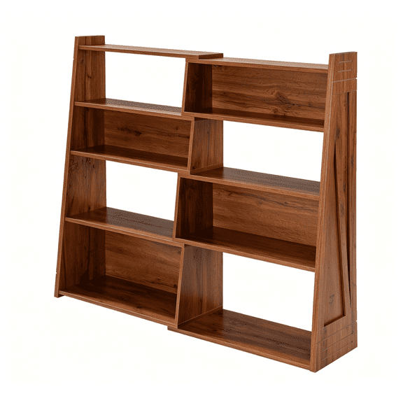 LIANGKA Walnut Modular MDF Bookshelf with 3 Convertible Layouts Asymmetrical Geometric Open Storage Bookcase Anti-Tilt Reinforced Frame for Living Room Bedroom Entryway