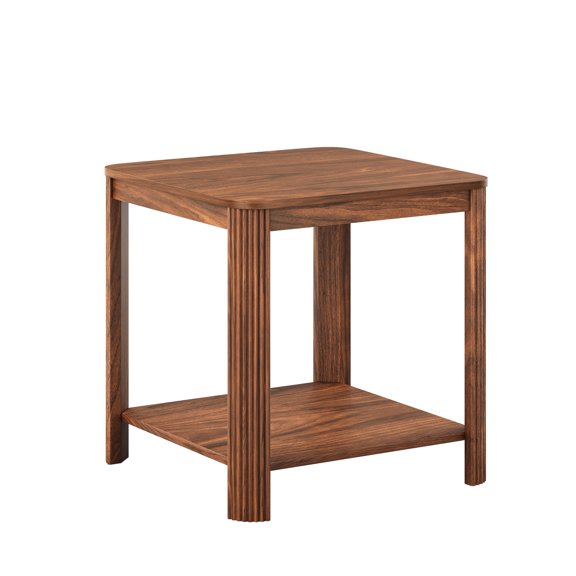 LIANGKA Walnut Square End Table, 2-Tier Boho Side Nightstand with Rounded Corner & Vertical Wave Grain Legs, 22.1” for Small Spaces